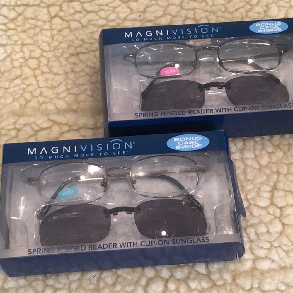 2 pairs of eyeglasses with clip-on sunglass.